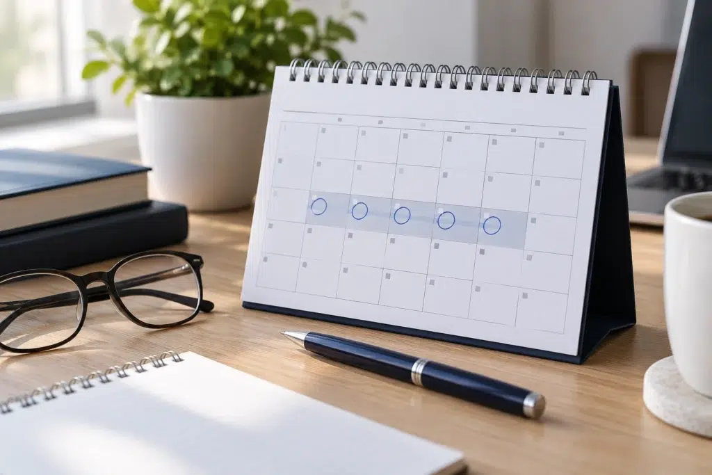 Calendar de birou cu perioada de preaviz marcată – calculul preavizului în zile lucrătoare