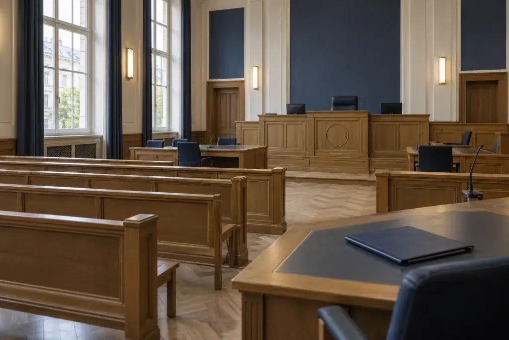 Sală de judecată pregătită pentru un litigiu de muncă – contestarea deciziei de concediere
